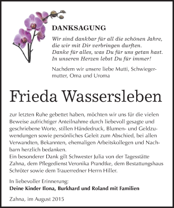 Traueranzeige von Frieda Wassersleben von Mitteldeutsche Zeitung Wittenberg
