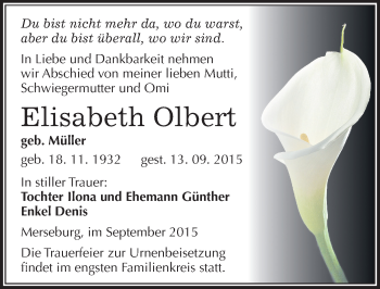 Traueranzeige von Elisabeth Olbert von Mitteldeutsche Zeitung Merseburg/Querfurt