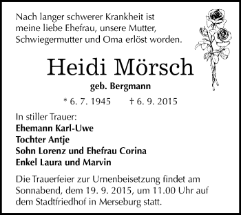 Traueranzeige von Heidi Mörsch von WVG - Wochenspiegel Merseburg