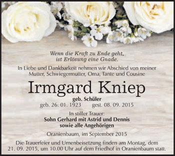 Traueranzeige von Irmgard Knie von WVG - Wochenspiegel Wittenberg