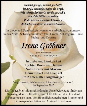 Traueranzeige von Irene Gröbner von Super Sonntag SGH Mansf. Land