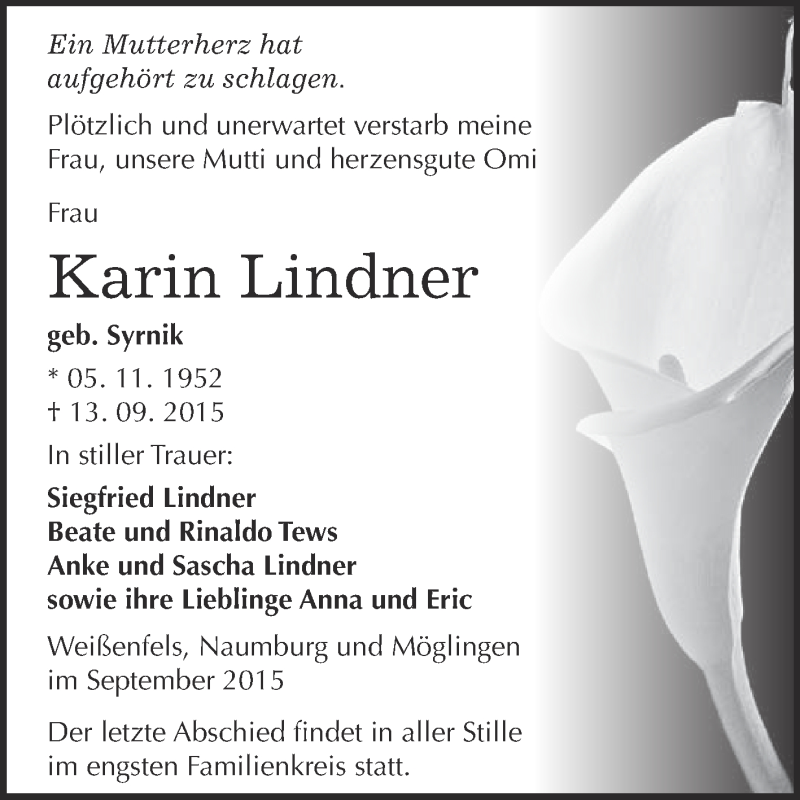  Traueranzeige für Karin Lindner vom 23.09.2015 aus WVG - Wochenspiegel NMB / WSF / ZTZ