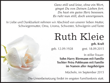 Traueranzeige von Ruth Kleie von Mitteldeutsche Zeitung Merseburg/Querfurt