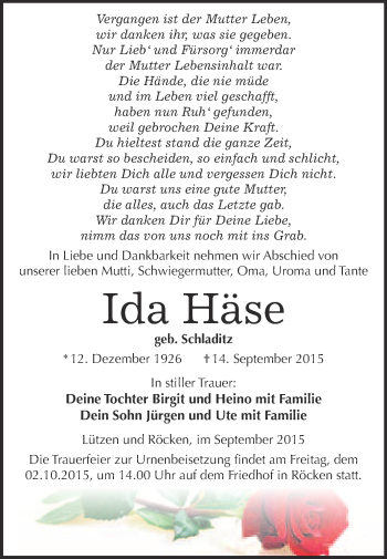 Traueranzeige von Ida Häse von Super Sonntag Merseburg