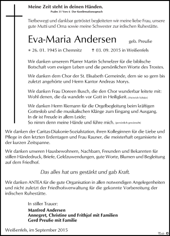 Traueranzeige von Eva-Maria Andersen von WVG - Wochenspiegel NMB / WSF / ZTZ