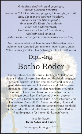 Traueranzeige von Botho Röder von Mitteldeutsche Zeitung Sangerhausen