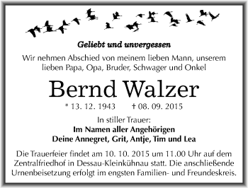 Traueranzeige von Bernd Walzer von Mitteldeutsche Zeitung Dessau-Roßlau