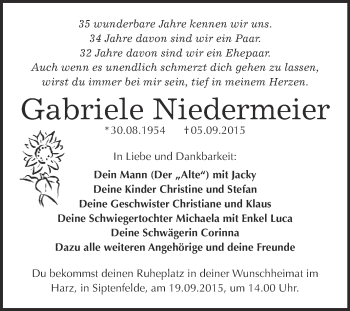 Traueranzeige von Gabriele Niedermeier von WVG - Wochenspiegel Quedlinburg