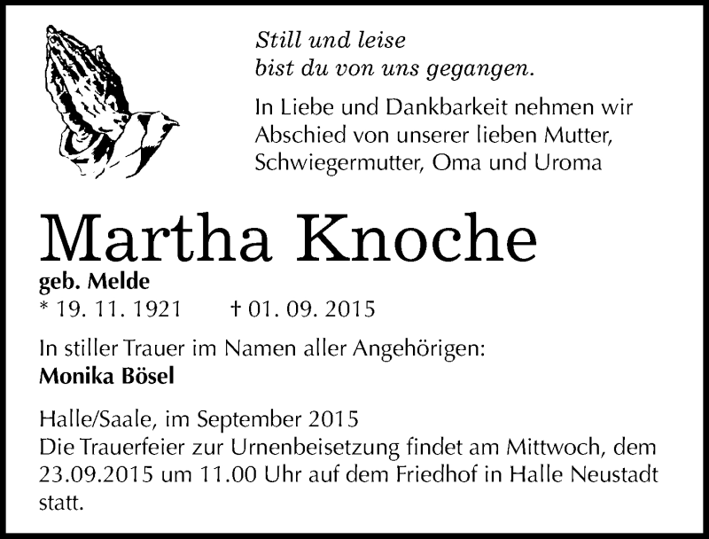  Traueranzeige für Martha Knoche vom 18.09.2015 aus Mitteldeutsche Zeitung Mansfelder Land