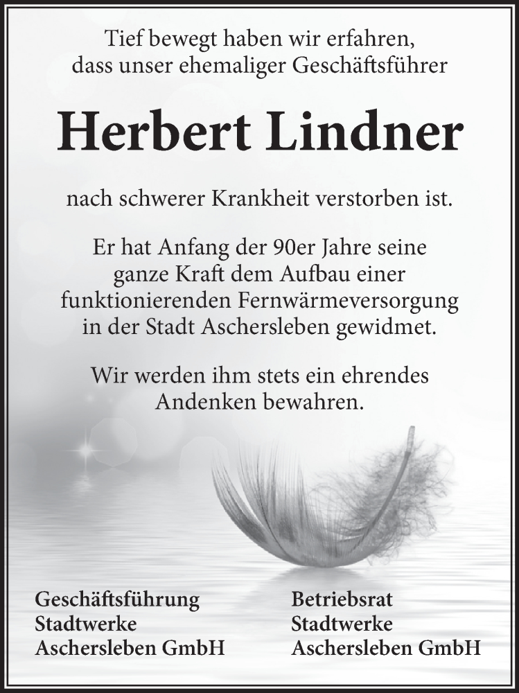  Traueranzeige für Herbert Lindner vom 12.09.2015 aus Super Sonntag Aschersleben