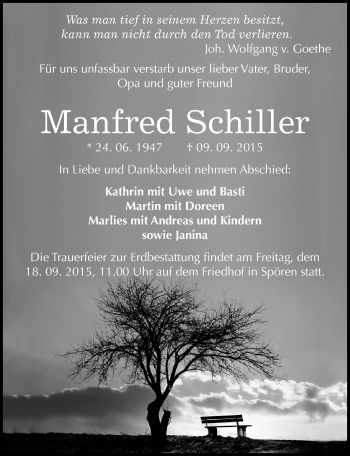 Traueranzeige von Manfred Schiller von Mitteldeutsche Zeitung Bitterfeld
