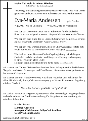 Traueranzeige von Eva-Maria Andersen von Mitteldeutsche Zeitung Weißenfels
