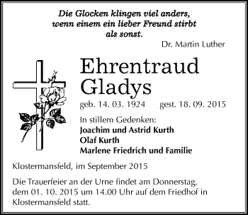 Traueranzeige von Ehrentraud Gladys von Mitteldeutsche Zeitung Mansfelder Land
