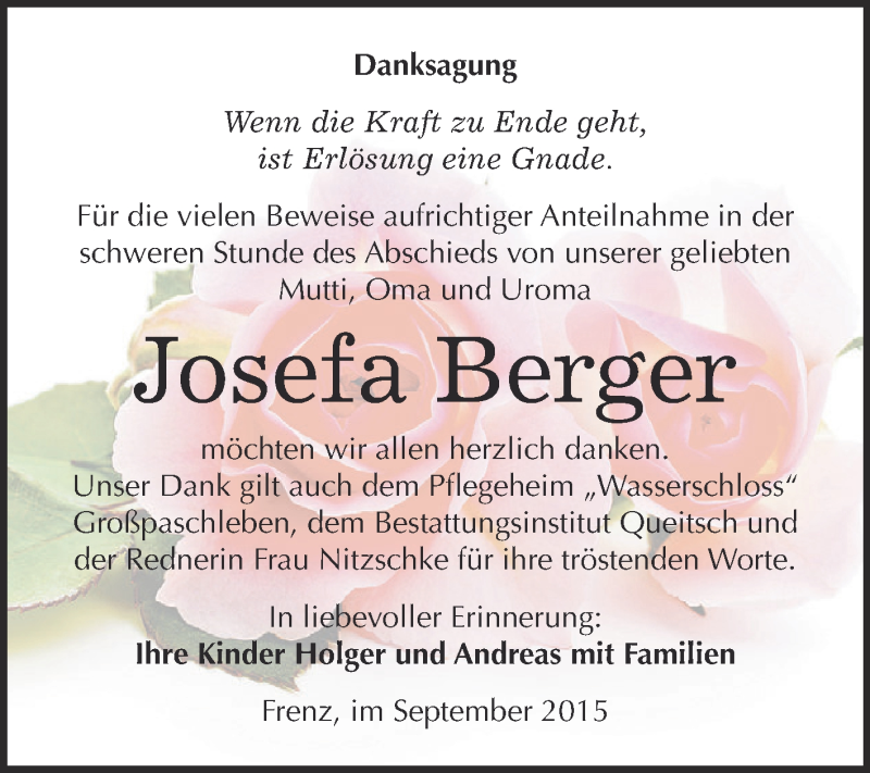  Traueranzeige für Josefa Berger vom 26.09.2015 aus WVG - Wochenspiegel Dessau / Köthen