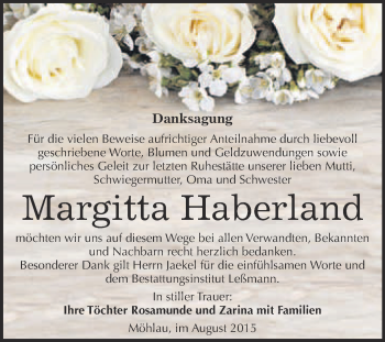 Traueranzeige von Margitta Haberland von WVG - Wochenspiegel Wittenberg