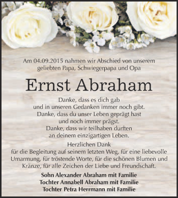Traueranzeige von Ernst Abraham von WVG - Wochenspiegel Wittenberg