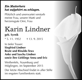 Traueranzeige von Karin Lindner von Mitteldeutsche Zeitung Weißenfels