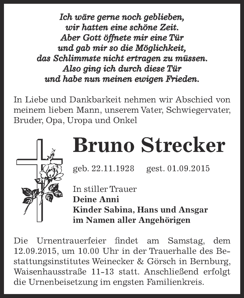  Traueranzeige für Bruno Strecker vom 05.09.2015 aus Super Sonntag Bernburg