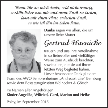 Traueranzeige von Gertrud Haeniche von Super Sonntag Bernburg
