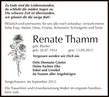 Traueranzeige von Renate Thamm von Super Sonntag SGH Mansf. Land