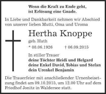 Traueranzeige von Hertha Knoppe von WVG - Wochenspiegel Dessau / Köthen