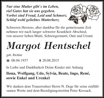 Traueranzeige von Margot Hentschel von WVG - Wochenspiegel Dessau / Köthen