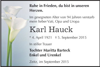 Traueranzeige von Karl Hauck von Super Sonntag Zeitz