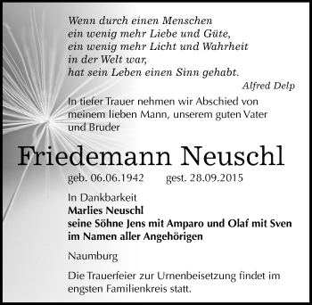 Traueranzeige von Friedemann Neuschl von Mitteldeutsche Zeitung Naumburg/Nebra