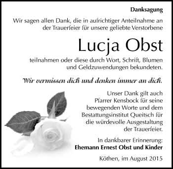 Traueranzeige von Lucja Obst von Mitteldeutsche Zeitung Köthen