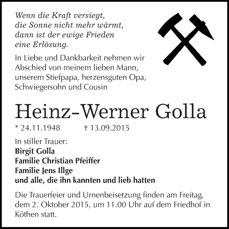  Traueranzeige für Heinz-Werner Golla vom 19.09.2015 aus WVG - Wochenspiegel Dessau / Köthen