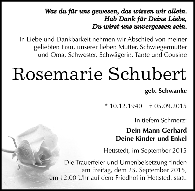  Traueranzeige für Rosemarie Schubert vom 10.09.2015 aus Mitteldeutsche Zeitung Mansfelder Land
