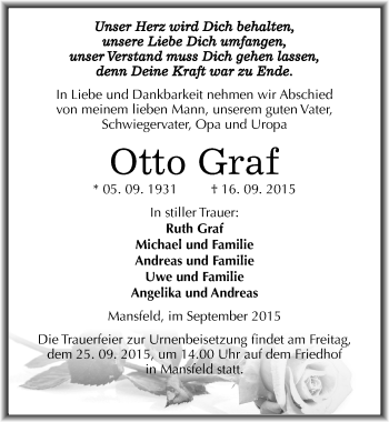 Traueranzeige von Otto Graf von Mitteldeutsche Zeitung Mansfelder Land