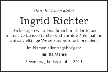 Traueranzeige von Ingrid Richter von WVG - Wochenspiegel Wittenberg