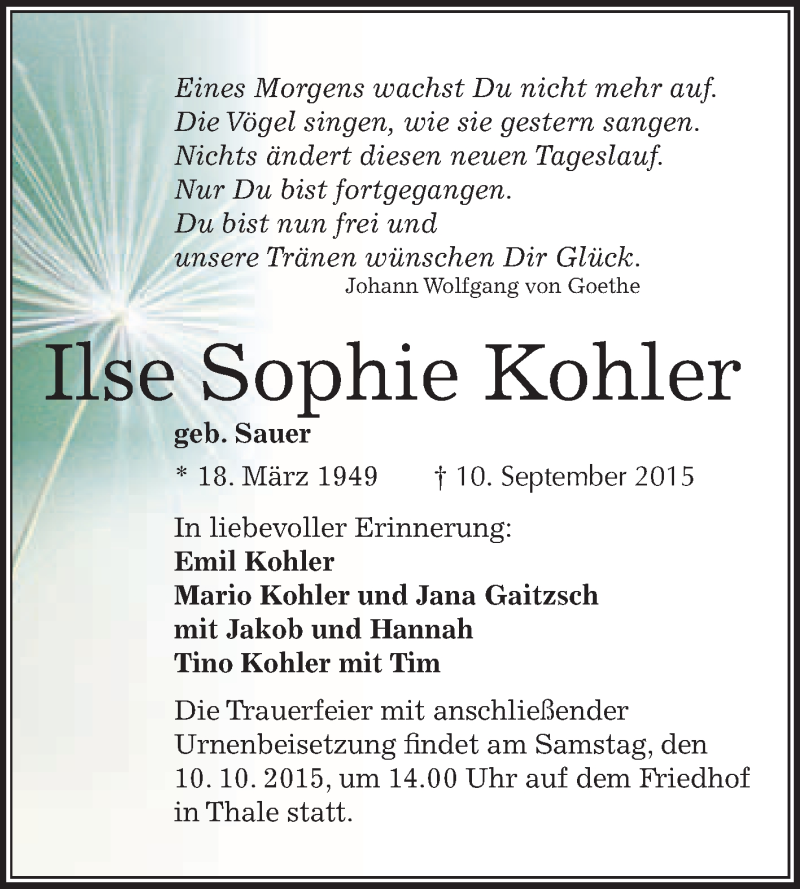  Traueranzeige für Ilse Sophie Kohler vom 23.09.2015 aus WVG - Wochenspiegel Quedlinburg