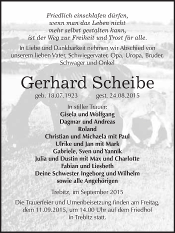 Traueranzeige von Gerhard Scheibe von WVG - Wochenspiegel Wittenberg