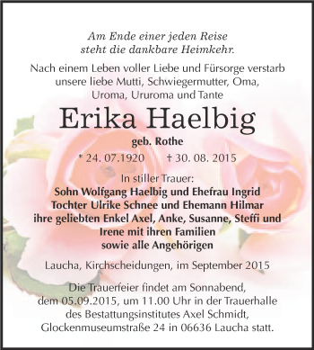 Traueranzeige von Erika Haelbig von WVG - Wochenspiegel NMB / WSF / ZTZ