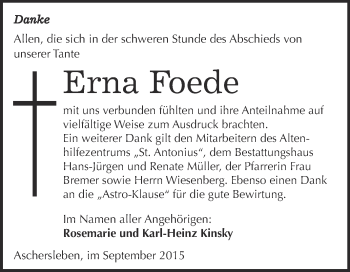 Traueranzeige von Erna Foede von Super Sonntag Aschersleben