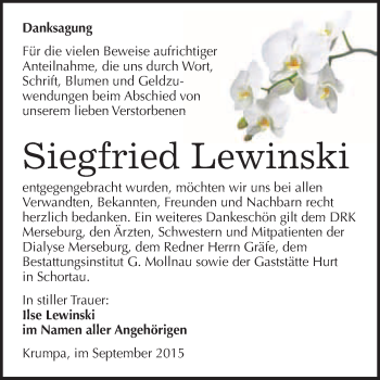 Traueranzeige von Siegfried Lewinski von WVG - Wochenspiegel Merseburg