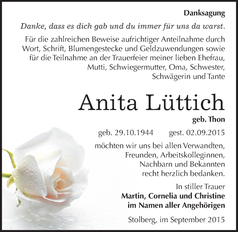  Traueranzeige für Anita Lüttich vom 17.09.2015 aus Mitteldeutsche Zeitung Sangerhausen