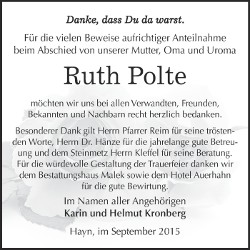 Traueranzeige von Ruth Polte von Super Sonntag SGH Mansf. Land