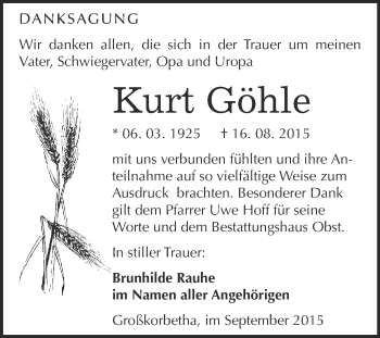 Traueranzeige von Kurt Göhle von Super Sonntag Merseburg