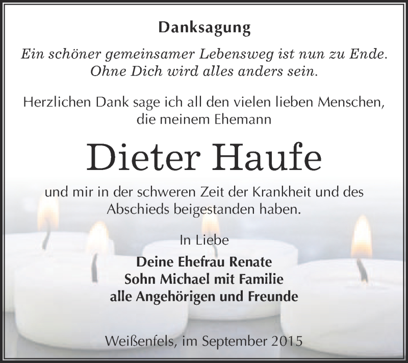  Traueranzeige für Dieter Haufe vom 30.09.2015 aus WVG - Wochenspiegel NMB / WSF / ZTZ