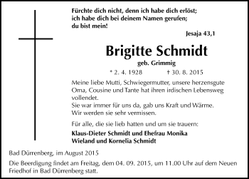 Traueranzeige von Brigitte Schmidt von Mitteldeutsche Zeitung Merseburg/Querfurt