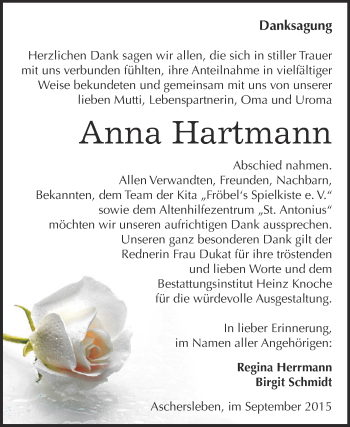 Traueranzeige von Anna Hartmann von Super Sonntag Aschersleben