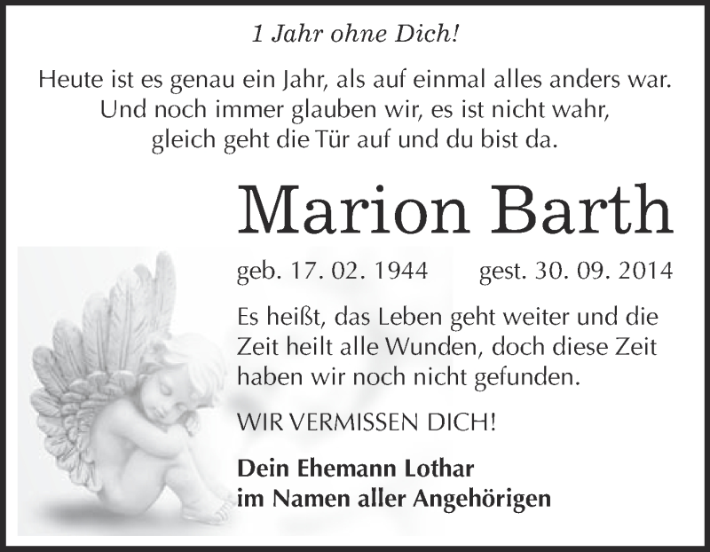  Traueranzeige für Marion Barth vom 30.09.2015 aus WVG - Wochenspiegel NMB / WSF / ZTZ