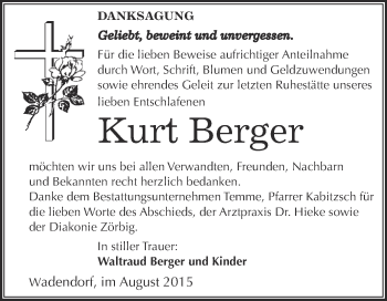 Traueranzeige von Kurt Berger von WVG - Wochenspiegel Bitterfeld