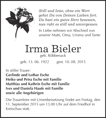 Traueranzeige von Irma Bieler von WVG - Wochenspiegel NMB / WSF / ZTZ