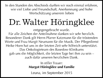 Traueranzeige von Walter Höringklee von Mitteldeutsche Zeitung Merseburg/Querfurt