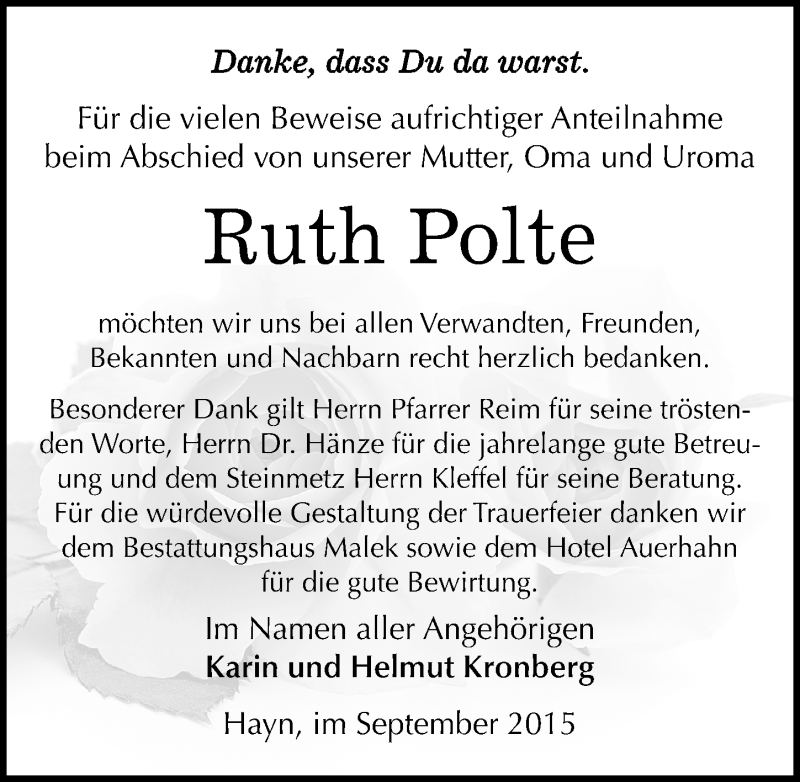  Traueranzeige für Ruth Polte vom 05.09.2015 aus Mitteldeutsche Zeitung Sangerhausen