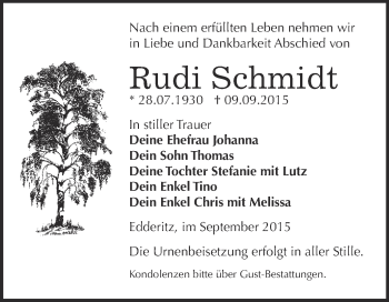Traueranzeige von Rudi Schmidt von WVG - Wochenspiegel Dessau / Köthen